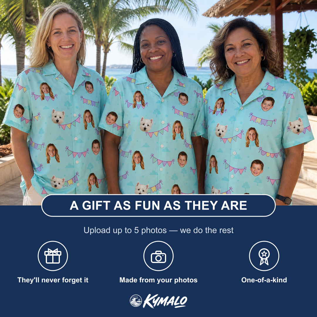Friends in matching Women's Festoon Fling Custom Face Hawaiian Shirt — a group gift photo