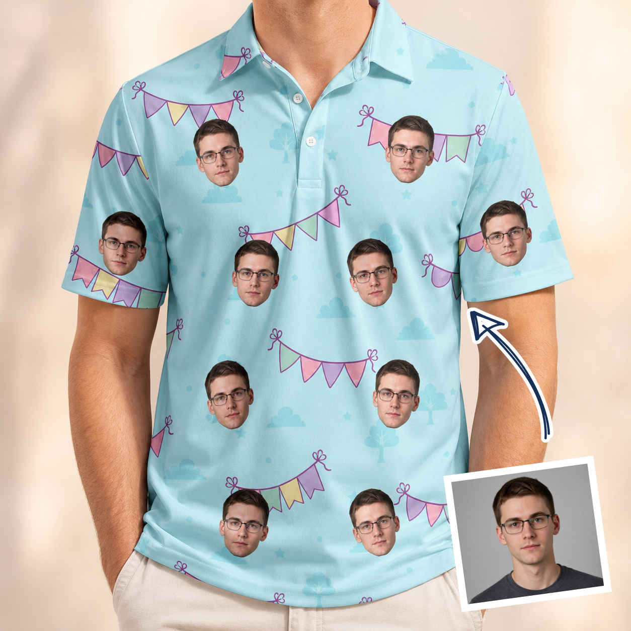 Man wearing Men's Festoon Fling Custom Face Polo Shirt — custom faces printed all-over