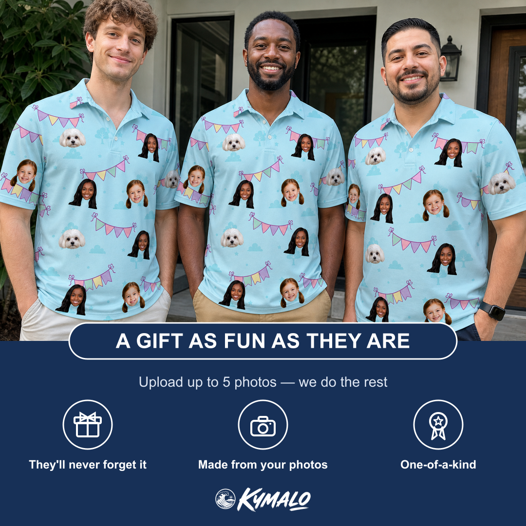 Friends in matching Men's Festoon Fling Custom Face Polo Shirt — a group gift photo