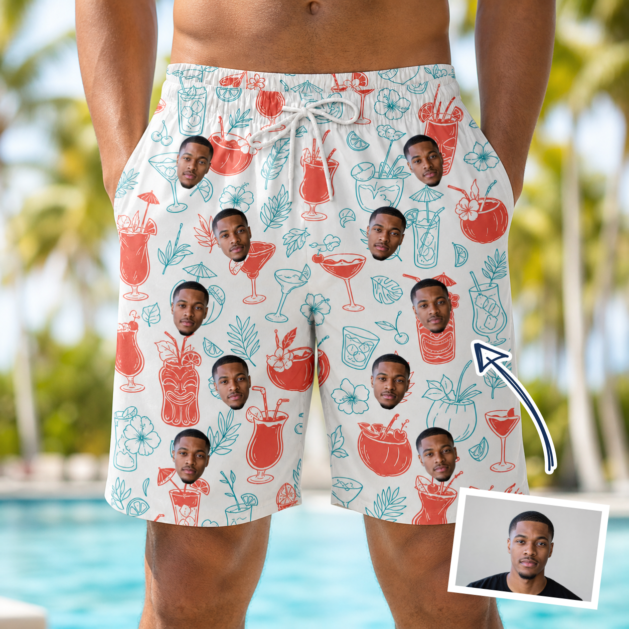 Man wearing Men's Engaged Elixirs Custom Face Beach Shorts — custom faces printed all-over