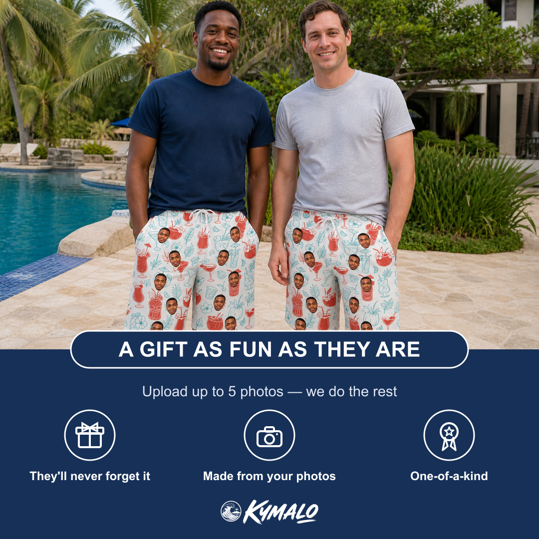 Friends in matching Men's Engaged Elixirs Custom Face Beach Shorts — a group gift photo