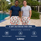 Friends in matching Men's Engaged Elixirs Custom Face Beach Shorts — a group gift photo
