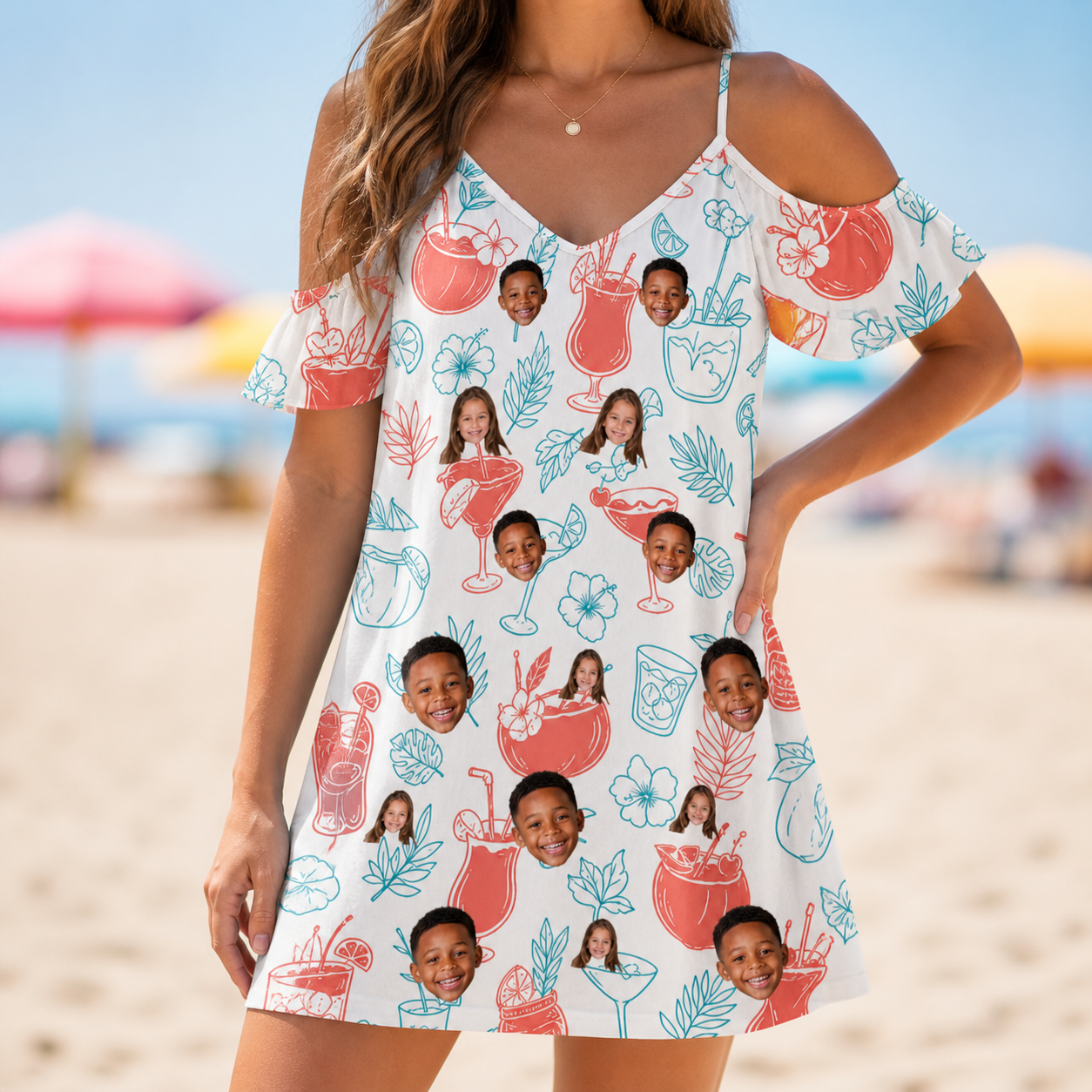 Model wearing Women's Engaged Elixirs Custom Face Off-Shoulder Dress printed with kids' faces