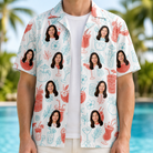 Man wearing Men's Engaged Elixirs Custom Face Hawaiian Shirt open over a white tee