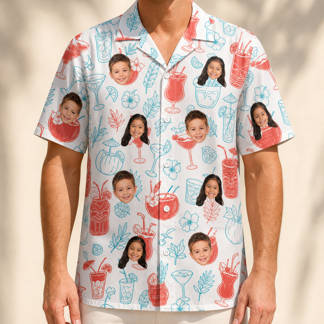 Model wearing Men's Engaged Elixirs Custom Face Hawaiian Shirt printed with kids' faces