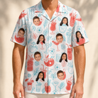 Model wearing Men's Engaged Elixirs Custom Face Hawaiian Shirt printed with kids' faces
