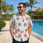 Real-life photo of someone wearing Men's Engaged Elixirs Custom Face Hawaiian Shirt — custom faces printed all-over