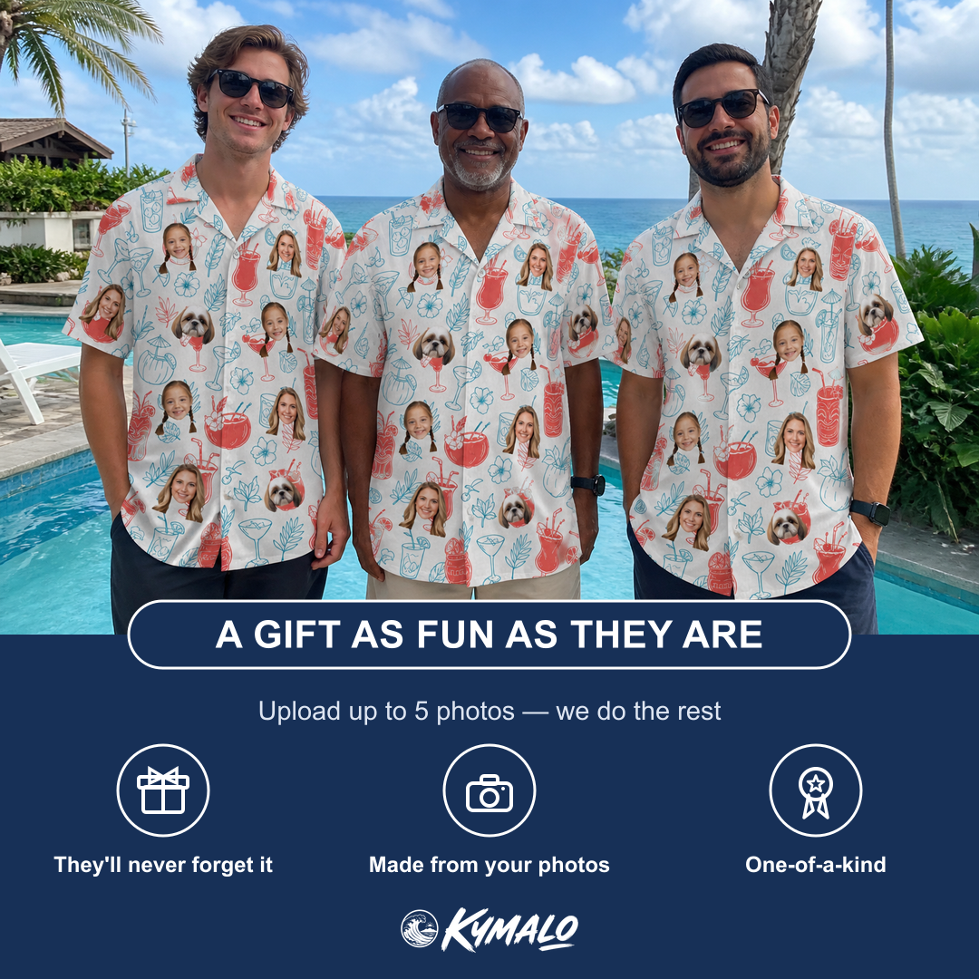 Friends in matching Men's Engaged Elixirs Custom Face Hawaiian Shirt — a group gift photo