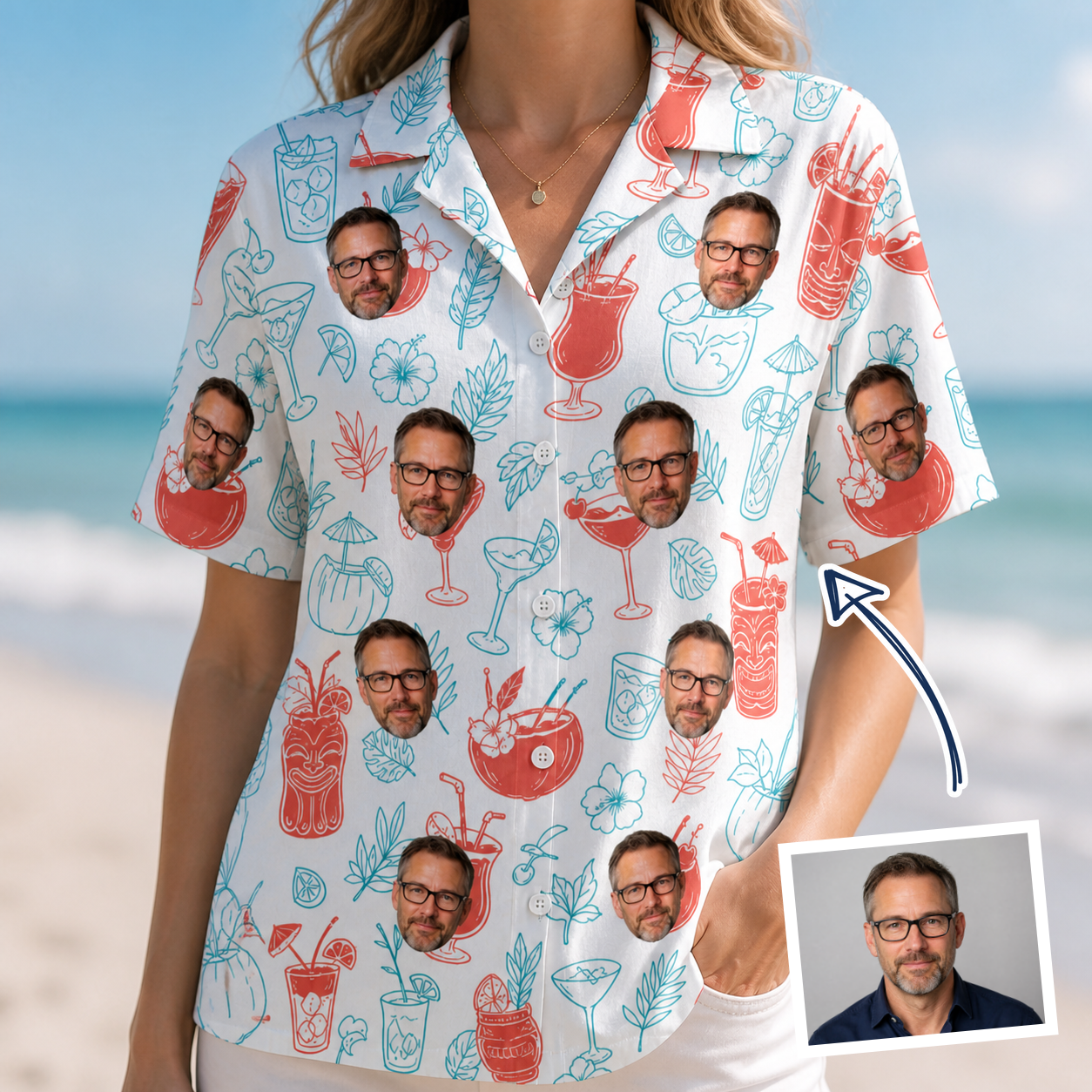 Woman wearing Women's Engaged Elixirs Custom Face Hawaiian Shirt — custom faces printed all-over