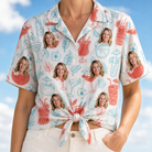 Woman wearing Women's Engaged Elixirs Custom Face Hawaiian Shirt tied at the waist
