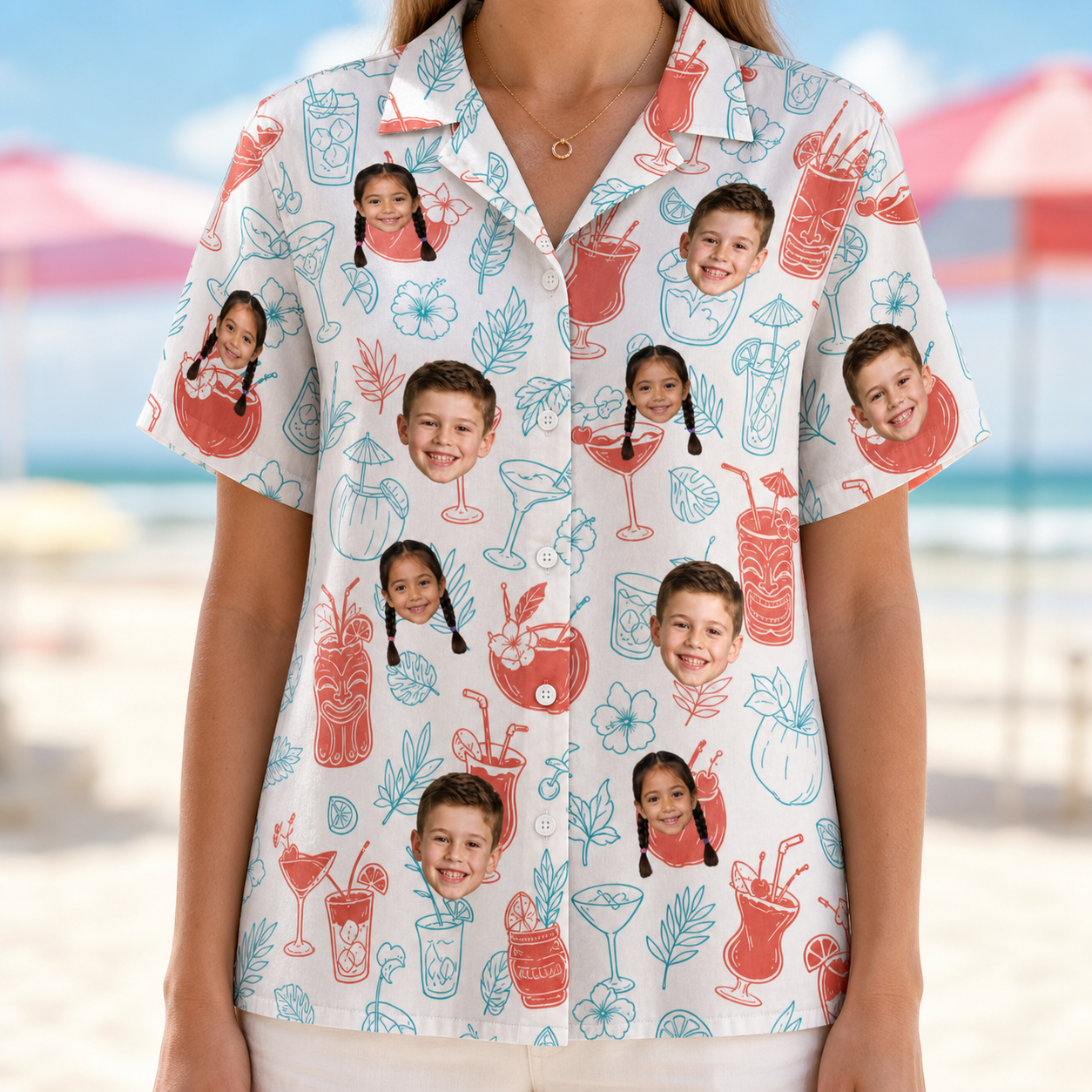 Model wearing Women's Engaged Elixirs Custom Face Hawaiian Shirt printed with kids' faces