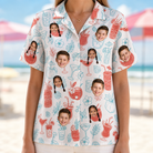 Model wearing Women's Engaged Elixirs Custom Face Hawaiian Shirt printed with kids' faces