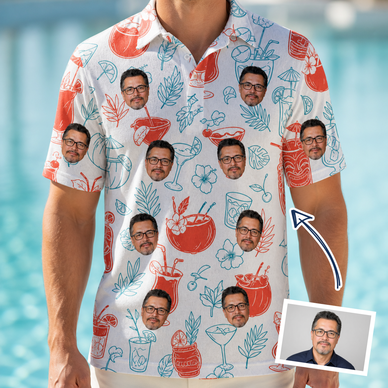 Man wearing Men's Engaged Elixirs Custom Face Polo Shirt — custom faces printed all-over