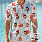 Man wearing Men's Engaged Elixirs Custom Face Polo Shirt — custom faces printed all-over
