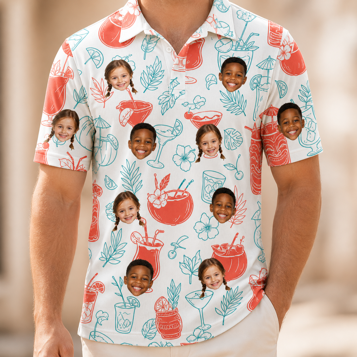 Model wearing Men's Engaged Elixirs Custom Face Polo Shirt printed with kids' faces