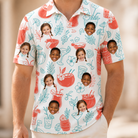 Model wearing Men's Engaged Elixirs Custom Face Polo Shirt printed with kids' faces