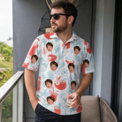 Real-life photo of someone wearing Men's Engaged Elixirs Custom Face Polo Shirt — custom faces printed all-over