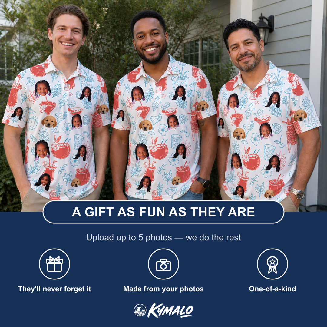 Friends in matching Men's Engaged Elixirs Custom Face Polo Shirt — a group gift photo