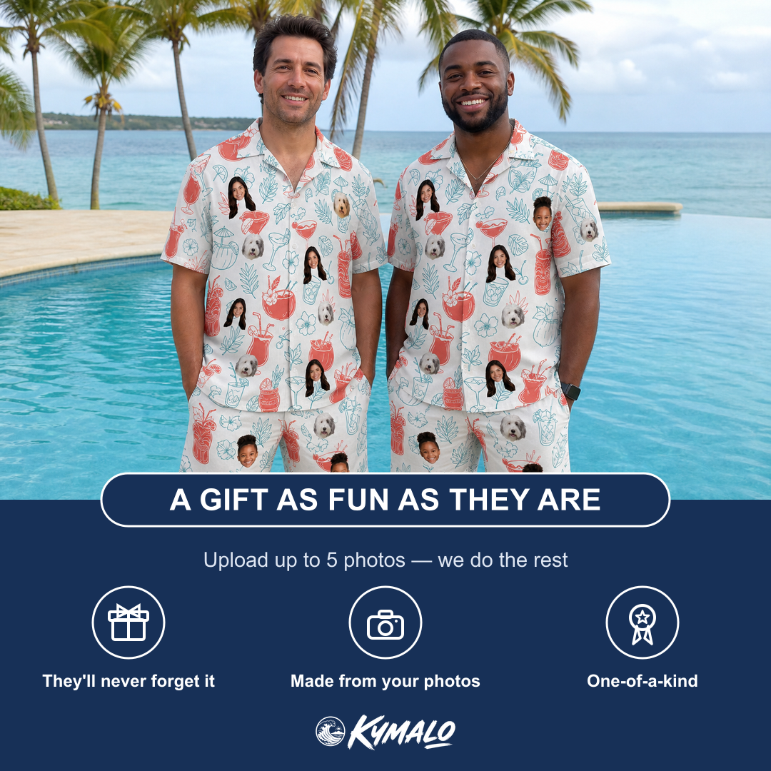 Friends in matching Men's Engaged Elixirs Custom Face Shirt & Shorts Set — a group gift photo