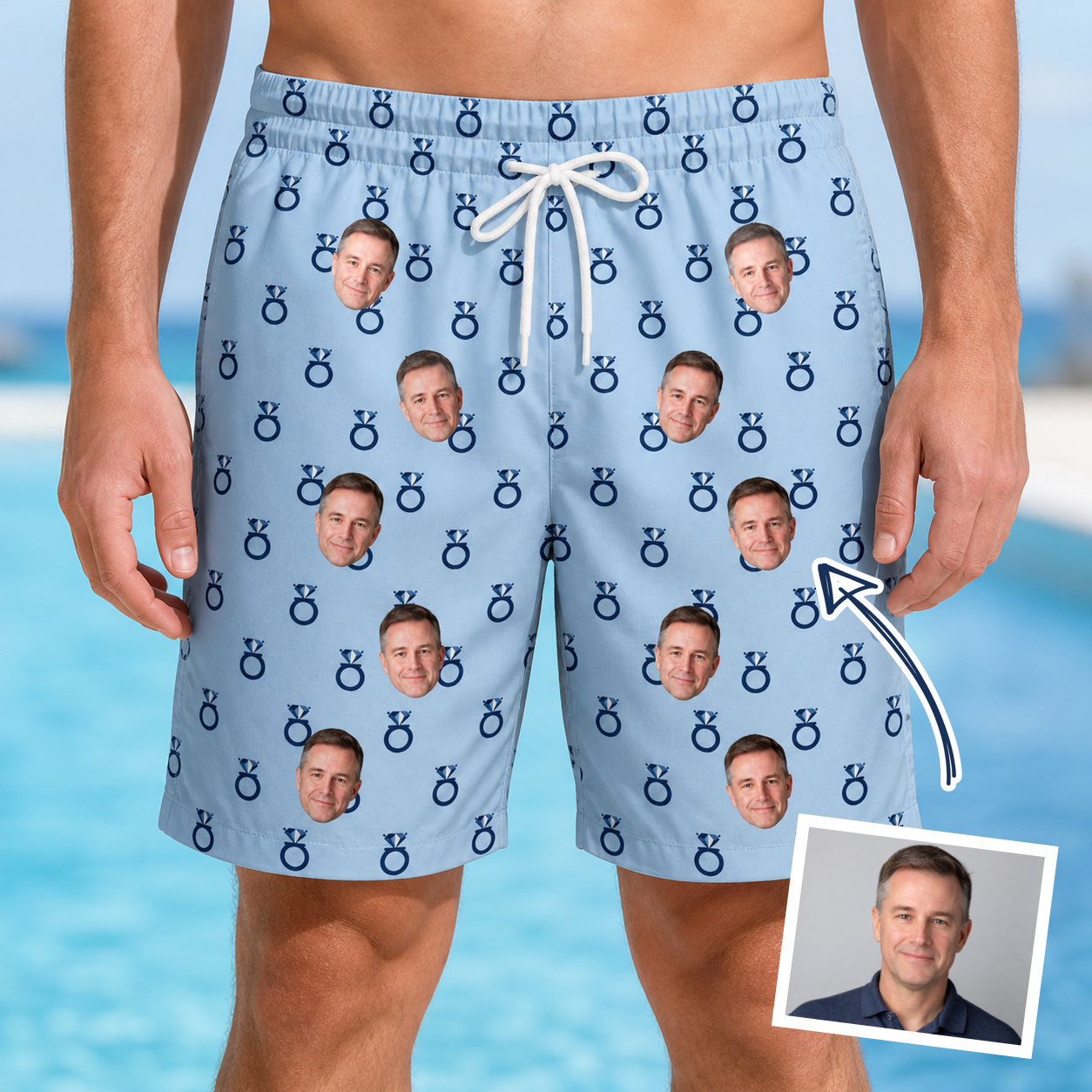 Man wearing Men's Lovebound Luster Custom Face Beach Shorts — custom faces printed all-over