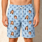 Model wearing Men's Lovebound Luster Custom Face Beach Shorts printed with kids' faces