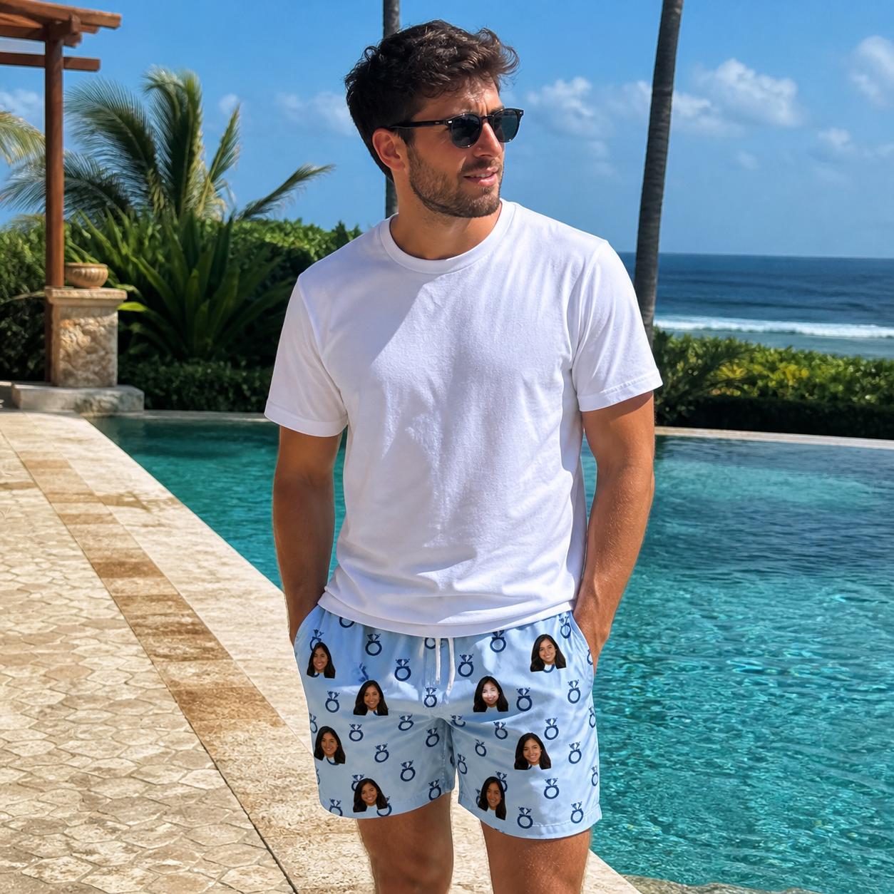 Real-life photo of someone wearing Men's Lovebound Luster Custom Face Beach Shorts — custom faces printed all-over