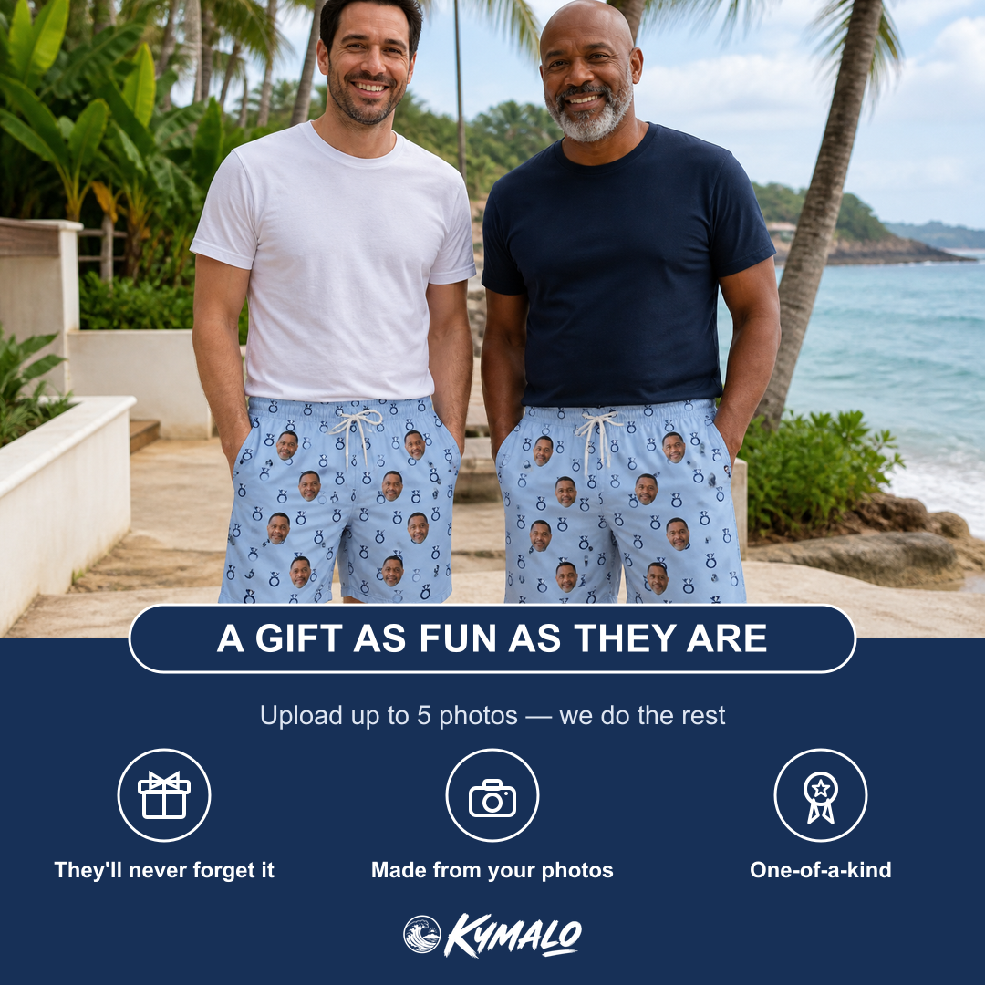 Friends in matching Men's Lovebound Luster Custom Face Beach Shorts — a group gift photo