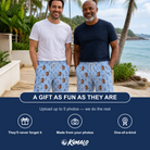 Friends in matching Men's Lovebound Luster Custom Face Beach Shorts — a group gift photo
