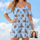 Woman wearing Women's Lovebound Luster Custom Face Off-Shoulder Dress — custom faces printed all-over