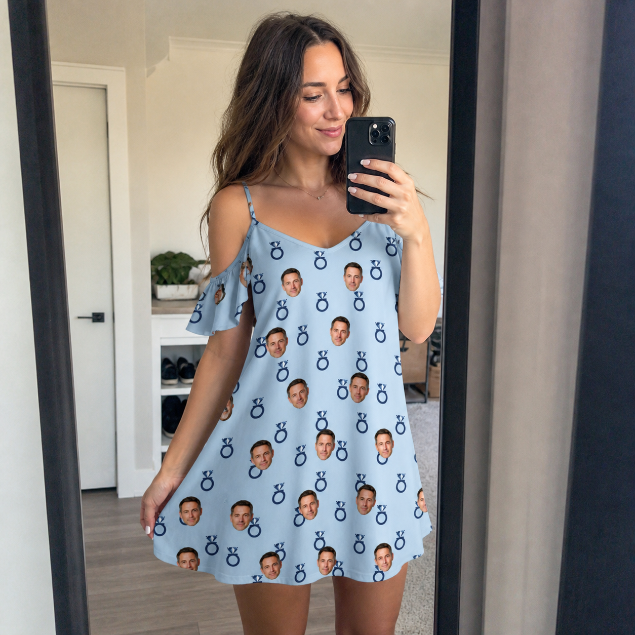 Real-life photo of someone wearing Women's Lovebound Luster Custom Face Off-Shoulder Dress — custom faces printed all-over