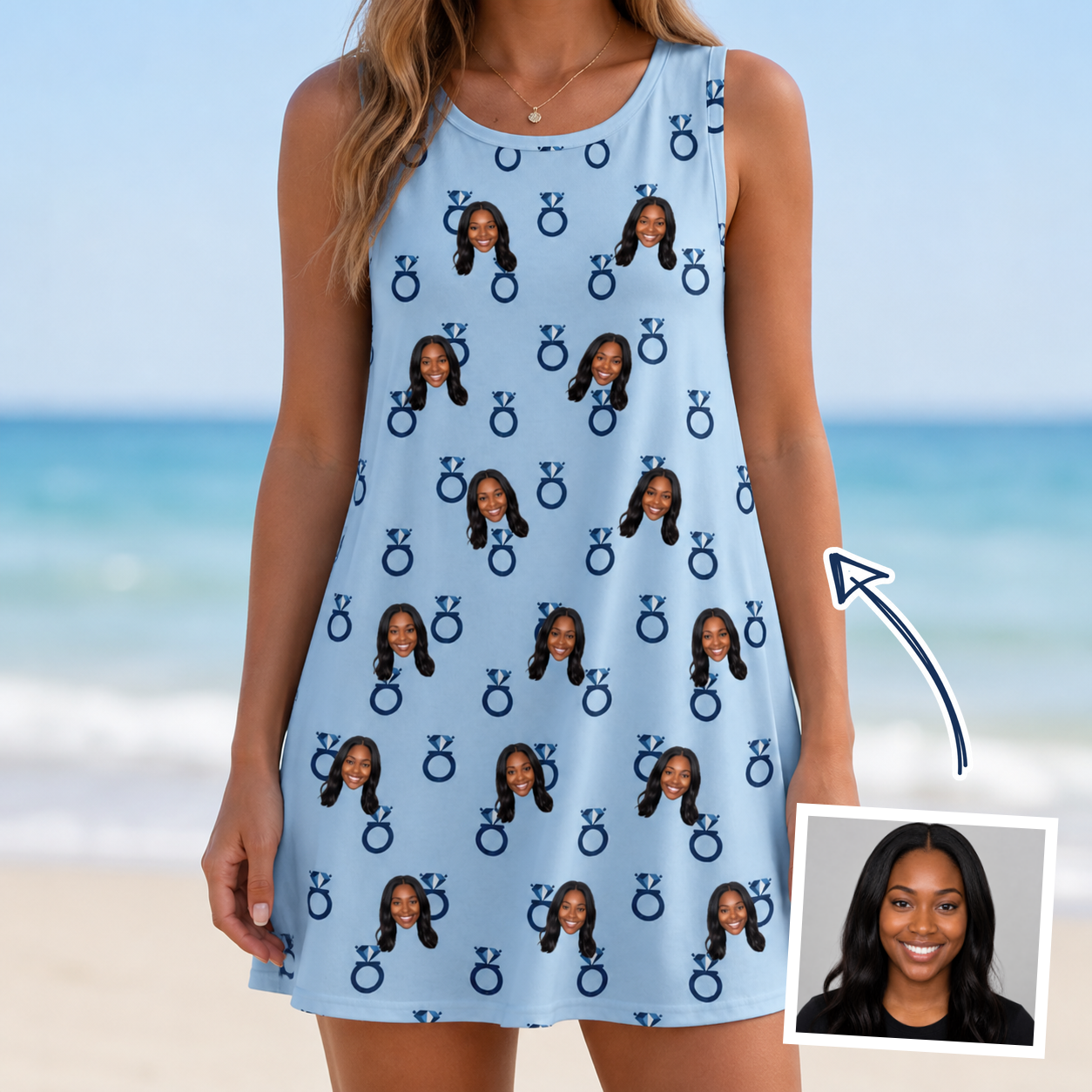 Woman wearing Women's Lovebound Luster Custom Face Tank Dress — custom faces printed all-over