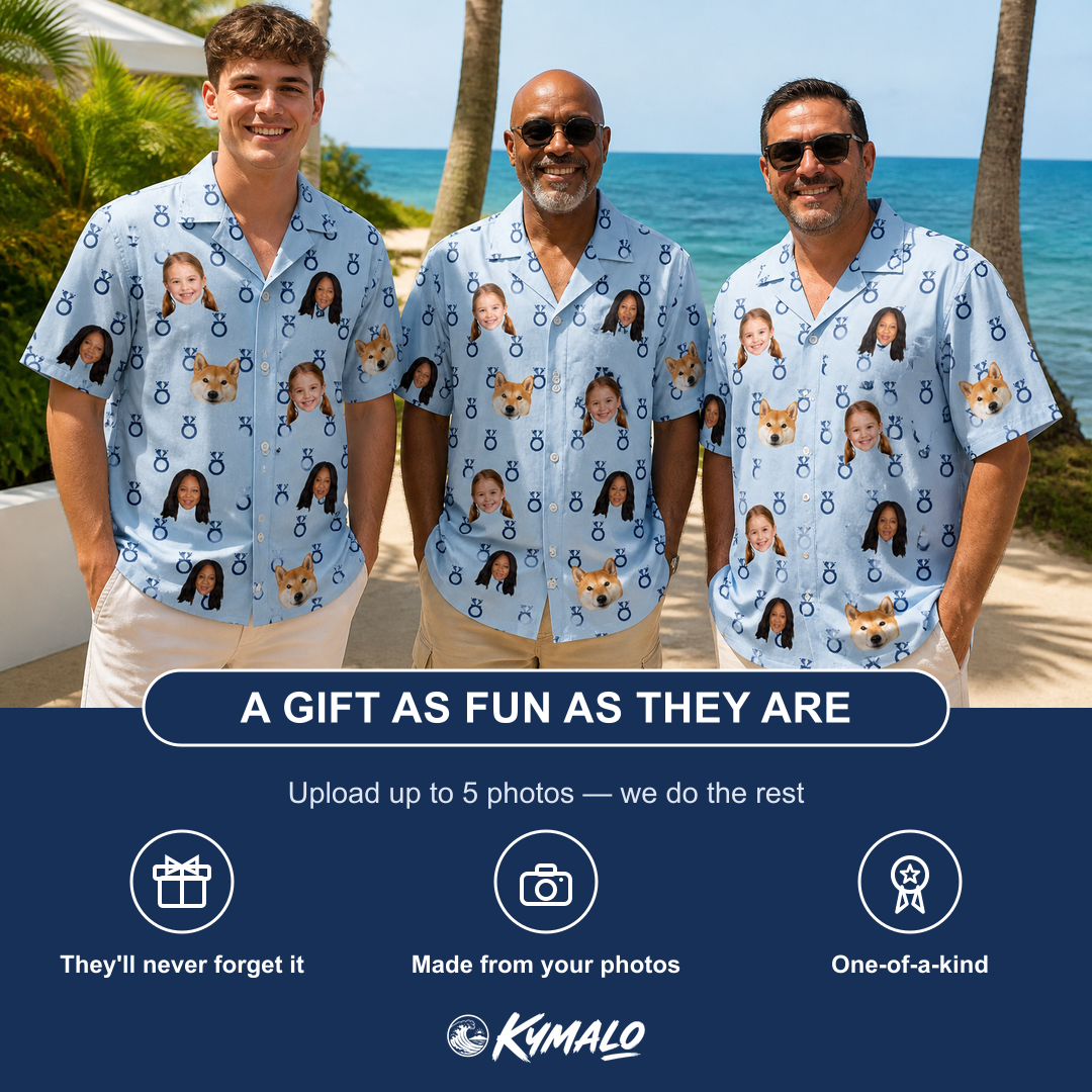 Friends in matching Men's Lovebound Luster Custom Face Hawaiian Shirt — a group gift photo