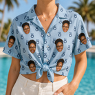 Woman wearing Women's Lovebound Luster Custom Face Hawaiian Shirt tied at the waist