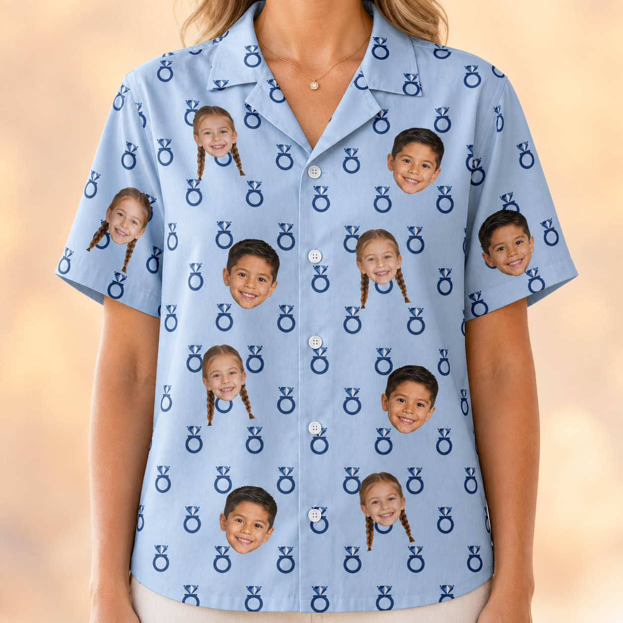 Model wearing Women's Lovebound Luster Custom Face Hawaiian Shirt printed with kids' faces