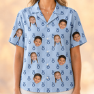 Model wearing Women's Lovebound Luster Custom Face Hawaiian Shirt printed with kids' faces