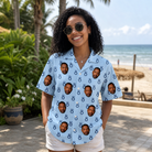 Real-life photo of someone wearing Women's Lovebound Luster Custom Face Hawaiian Shirt — custom faces printed all-over