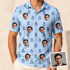 Man wearing Men's Lovebound Luster Custom Face Polo Shirt — custom faces printed all-over