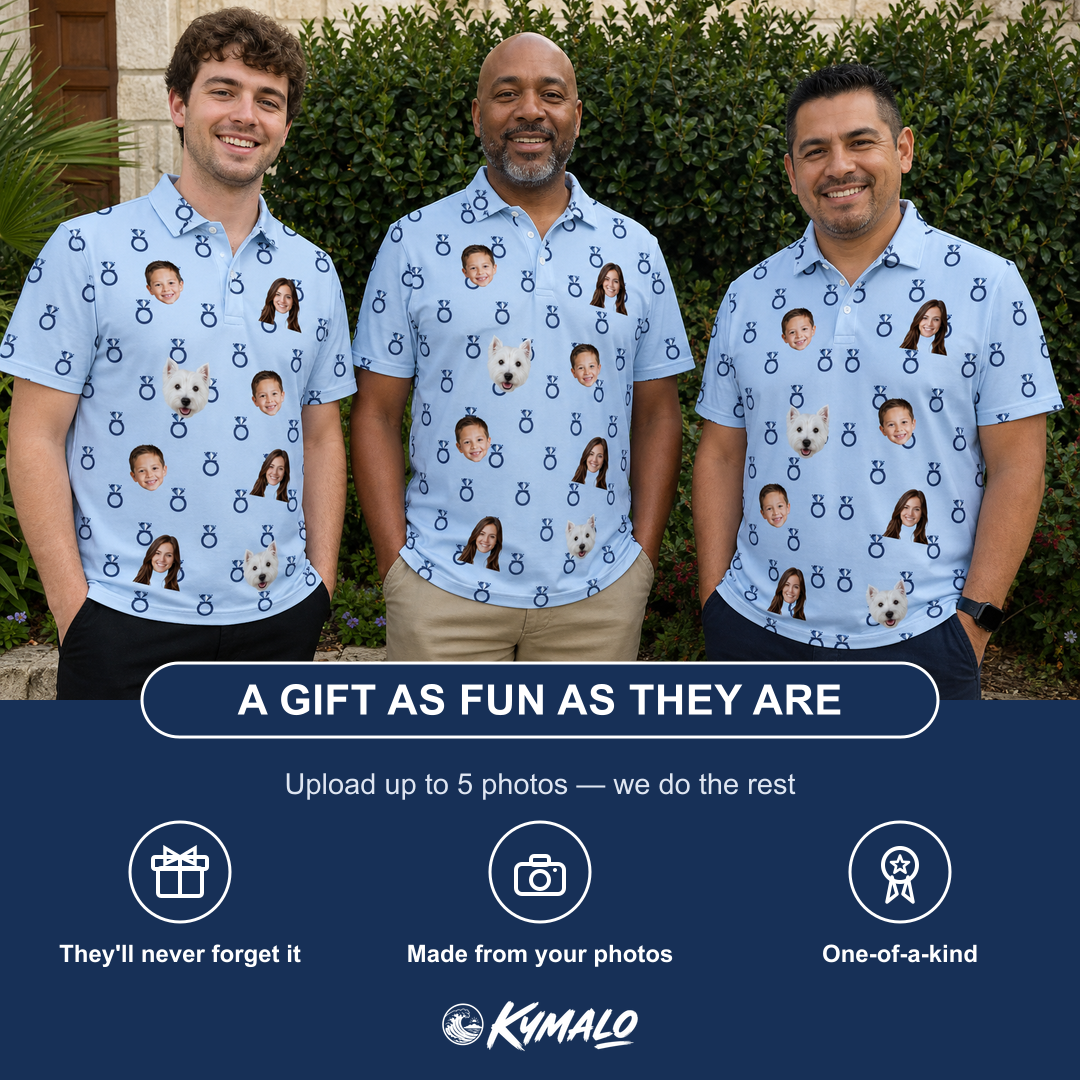 Friends in matching Men's Lovebound Luster Custom Face Polo Shirt — a group gift photo