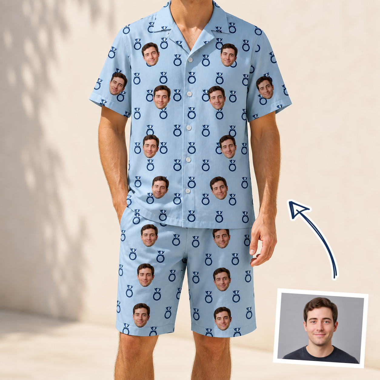 Man wearing Men's Lovebound Luster Custom Face Shirt & Shorts Set — custom faces printed all-over
