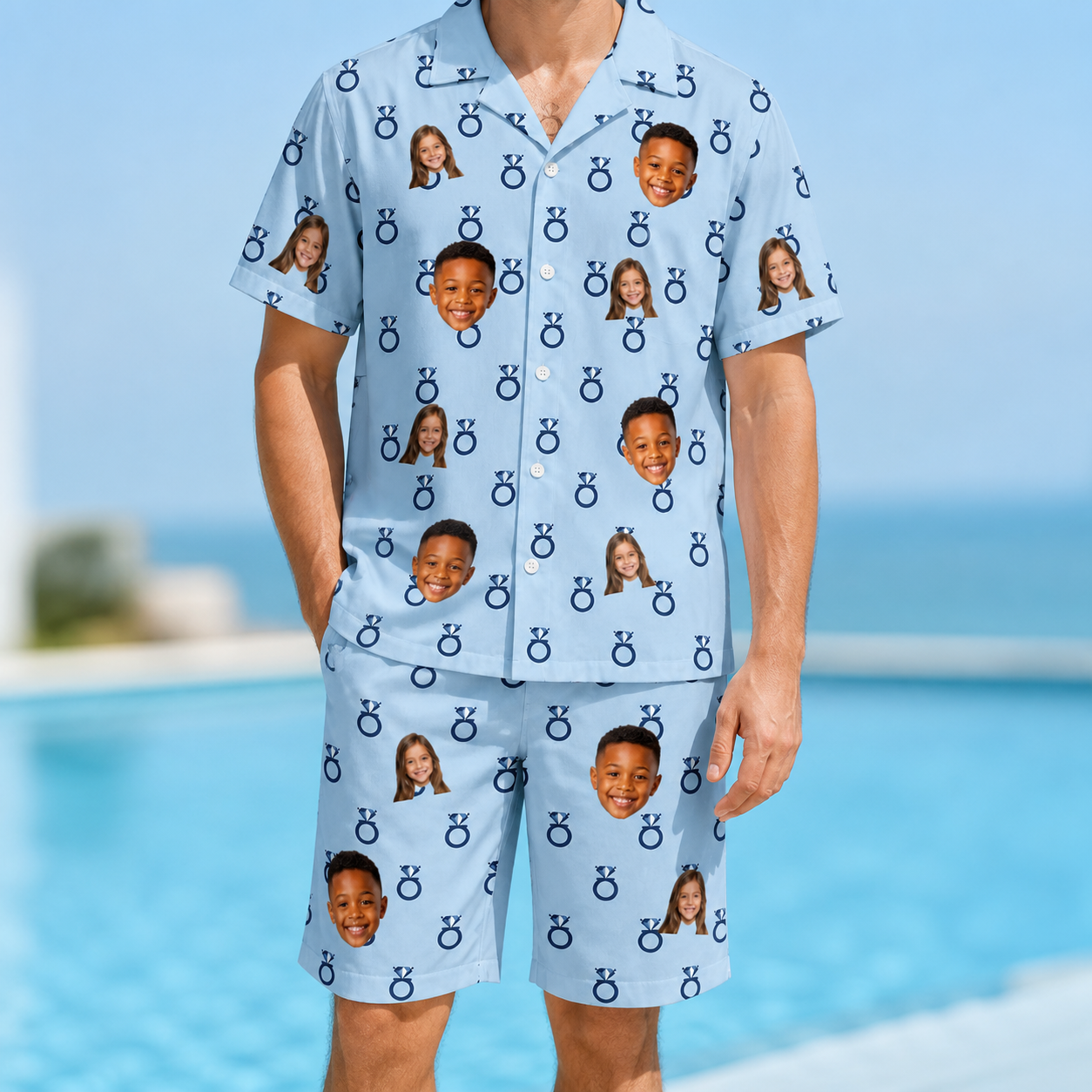 Model wearing Men's Lovebound Luster Custom Face Shirt & Shorts Set printed with kids' faces