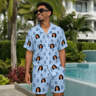 Real-life photo of someone wearing Men's Lovebound Luster Custom Face Shirt & Shorts Set — custom faces printed all-over