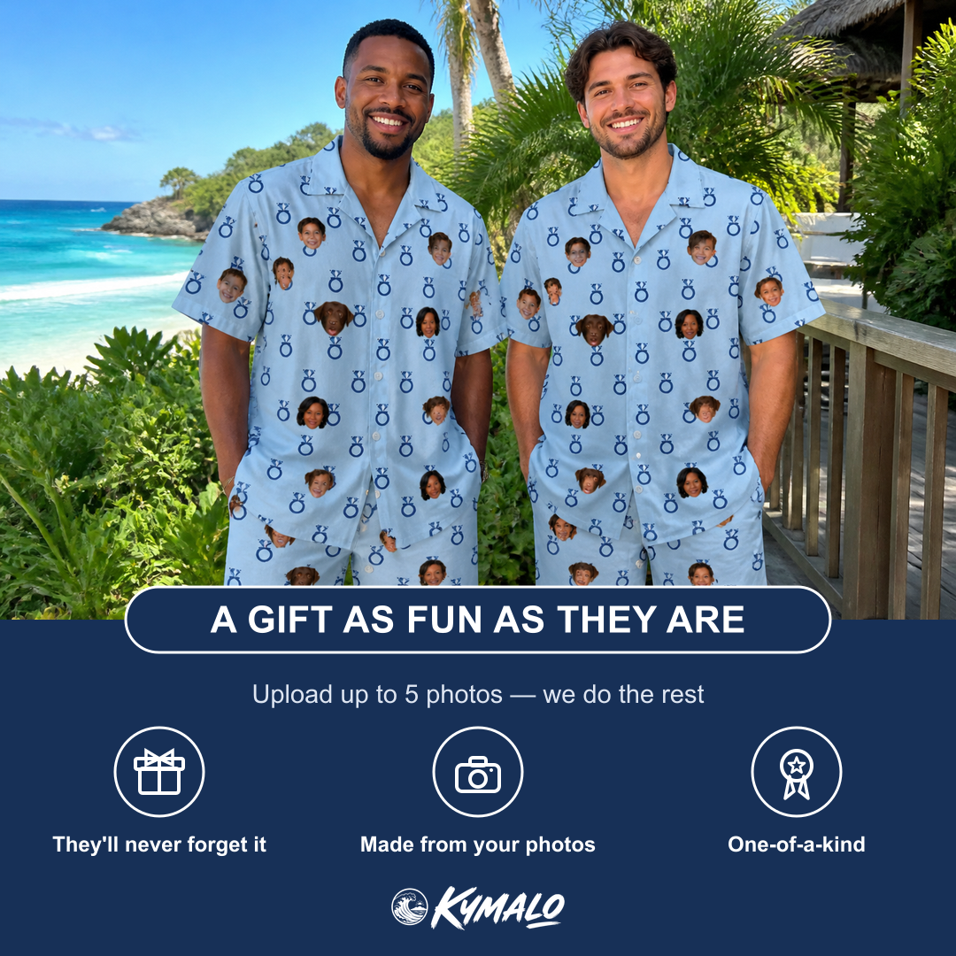 Friends in matching Men's Lovebound Luster Custom Face Shirt & Shorts Set — a group gift photo