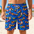 Model wearing Men's Tipsy Tassels Custom Face Beach Shorts printed with kids' faces