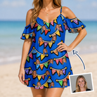 Woman wearing Women's Tipsy Tassels Custom Face Off-Shoulder Dress — custom faces printed all-over
