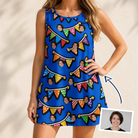 Woman wearing Women's Tipsy Tassels Custom Face Tank Dress — custom faces printed all-over