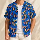 Man wearing Men's Tipsy Tassels Custom Face Hawaiian Shirt open over a white tee