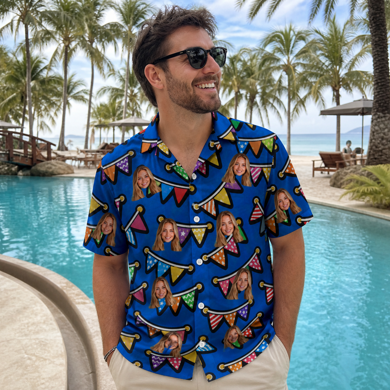 Real-life photo of someone wearing Men's Tipsy Tassels Custom Face Hawaiian Shirt — custom faces printed all-over