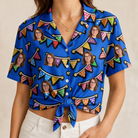 Woman wearing Women's Tipsy Tassels Custom Face Hawaiian Shirt tied at the waist