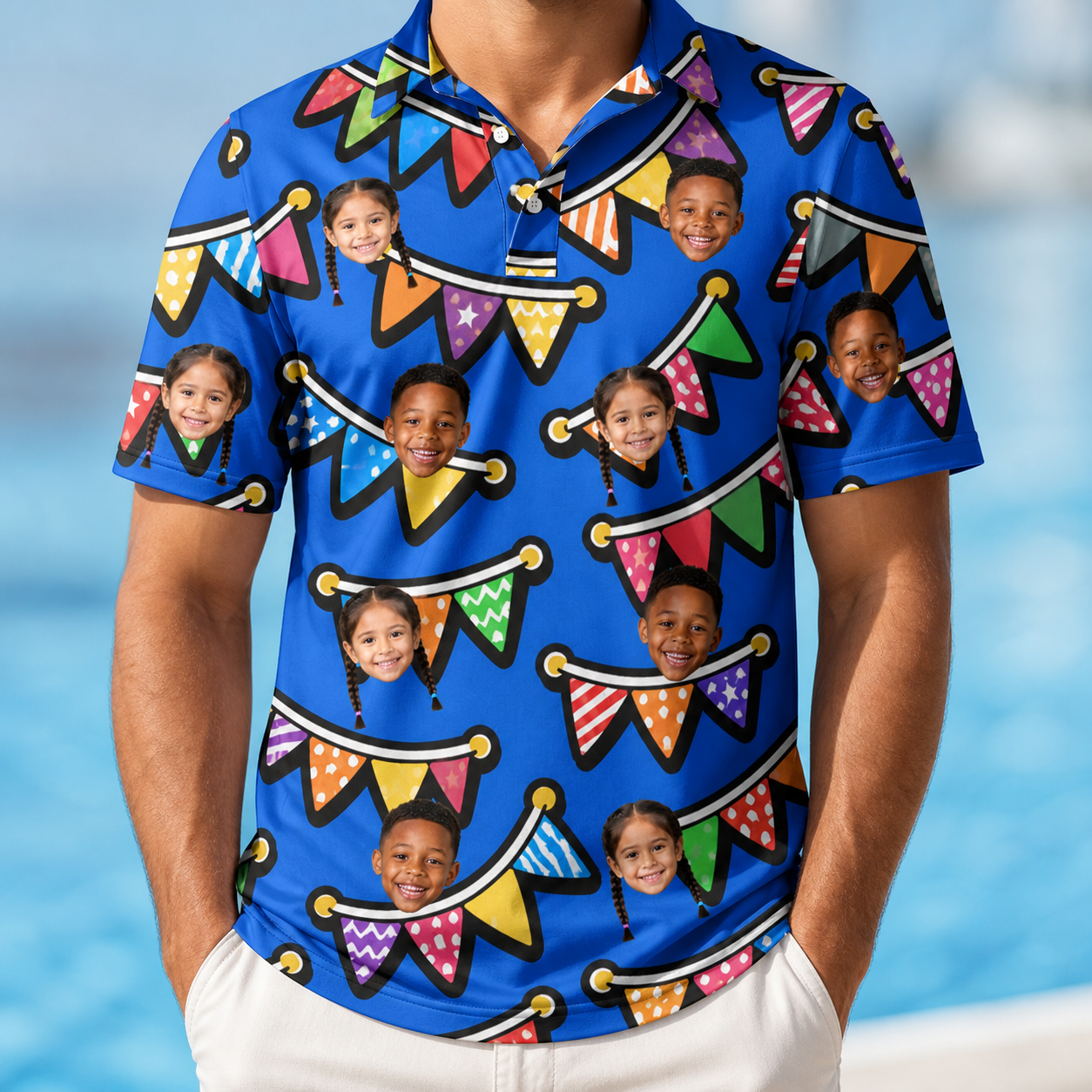 Model wearing Men's Tipsy Tassels Custom Face Polo Shirt printed with kids' faces