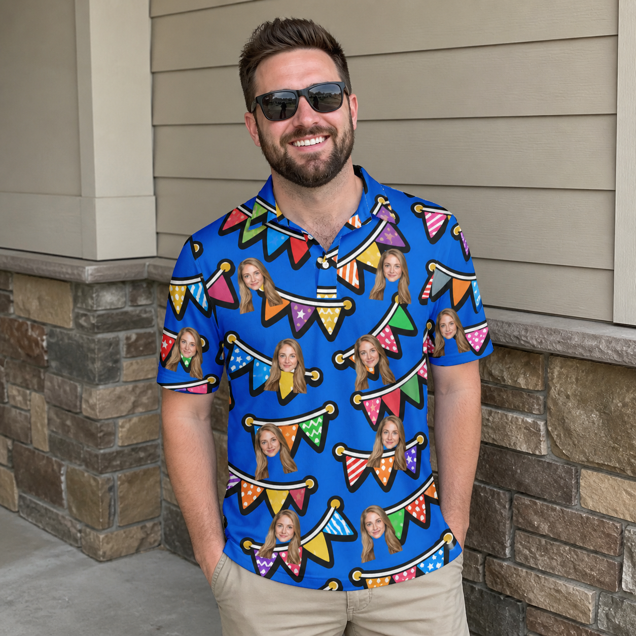Real-life photo of someone wearing Men's Tipsy Tassels Custom Face Polo Shirt — custom faces printed all-over